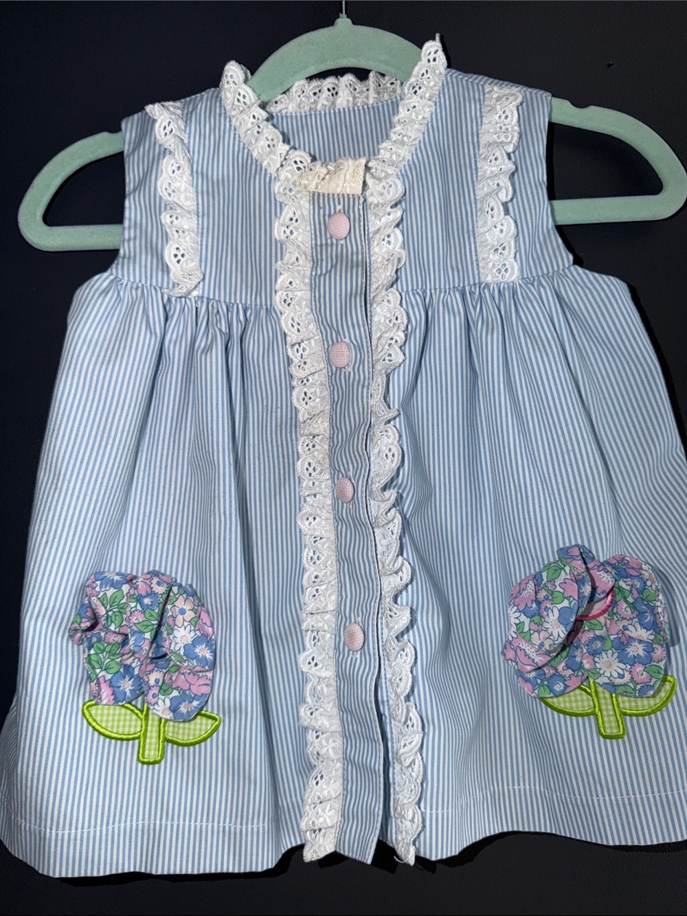 Stitchy Fish Blue & White Striped Lace  with Floral Pockets Two-Piece Set